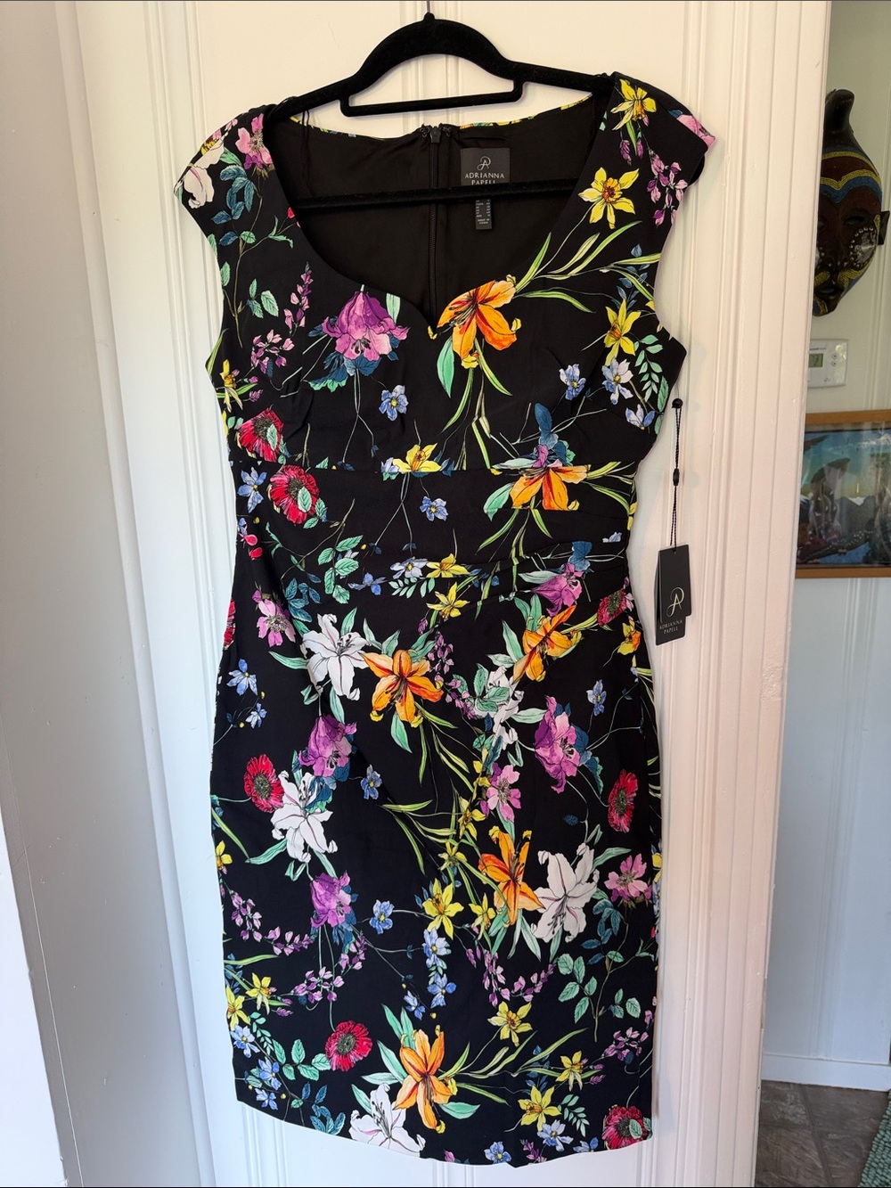 Adrianna Papell Black Floral Cap-Sleeve Sheath Dress